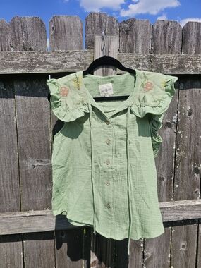 Umgee Light Green Button-Front Ruffle Sleeve Top